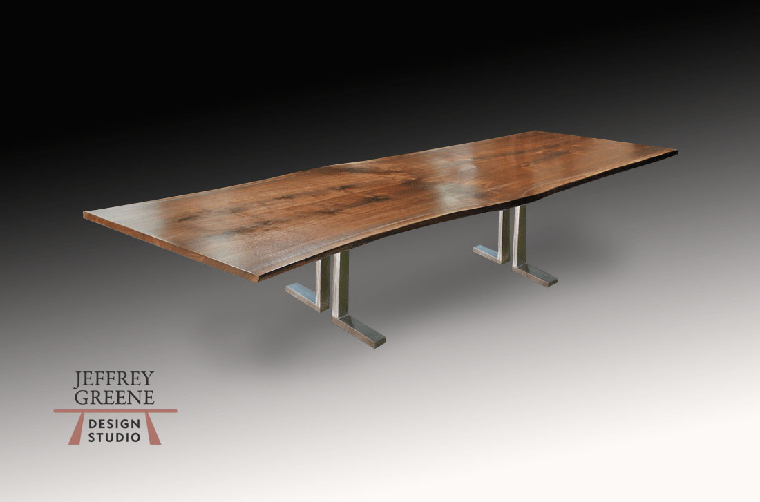 Double L Live Edge Conference Table in Brushed Steel with Live Edge Book Matched Black Walnut Solid Wood Slab by Jeffrey Greene