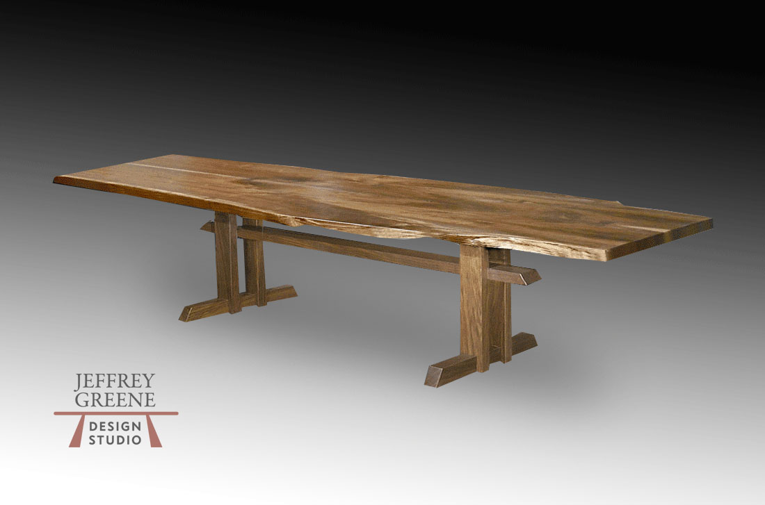 Live Edge Book Matched Black Walnut Solid Wood Slab Dining Table with Solid Walnut Chinese Puzzle Base by Jeffrey Greene