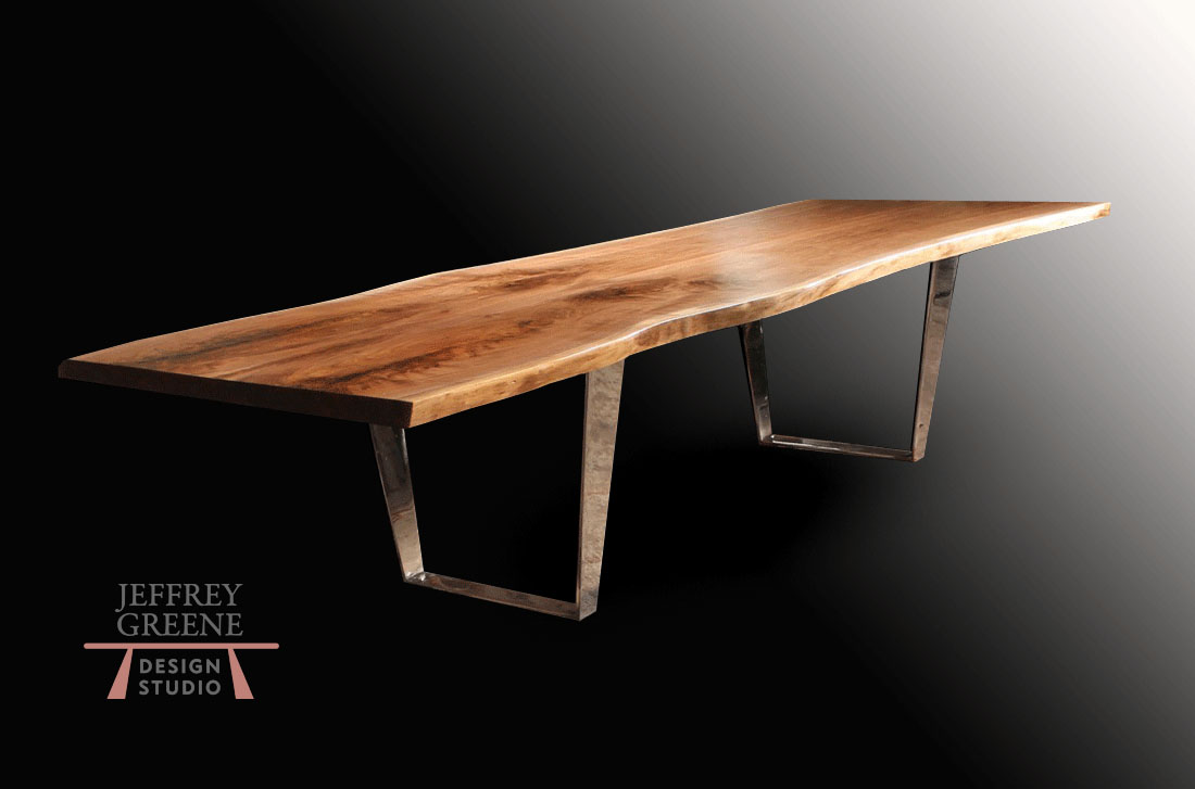 Stainless Steel Double Folded Trapezoid Wood Slab Dining Room Table