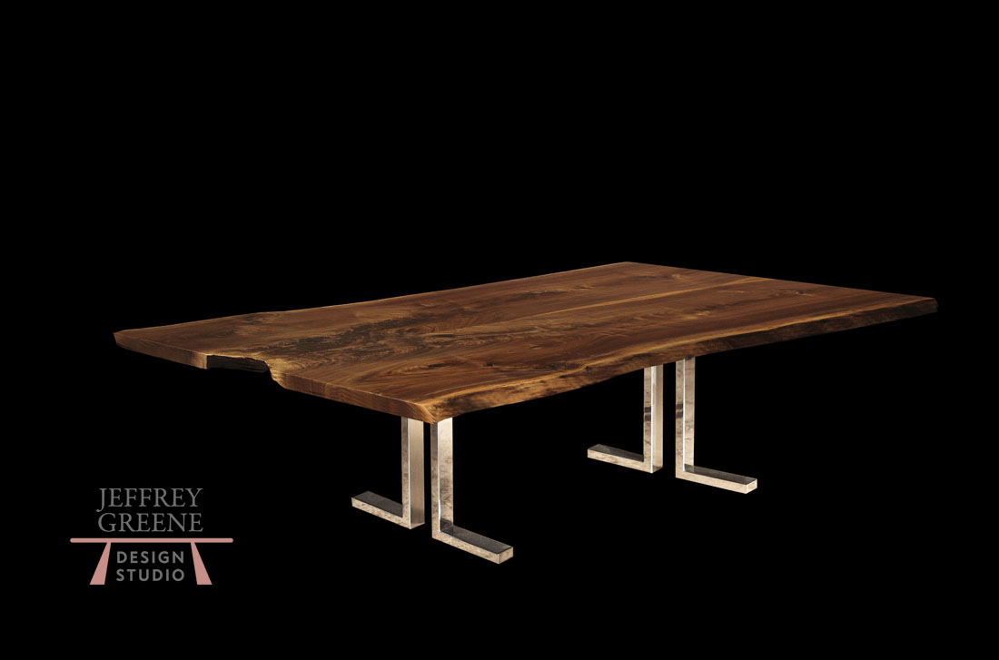 Double L Wood Slab Dining Conference Table in Polished Stainless Steel with Live Edge Book Matched Black Walnut Solid Wood Slab