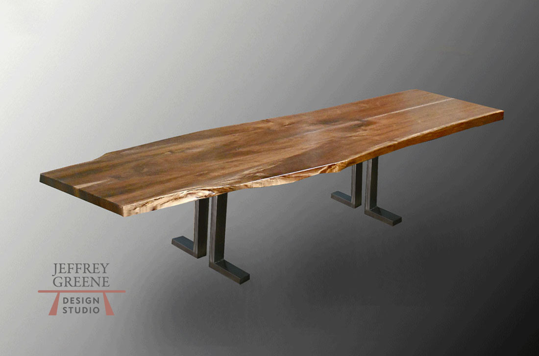 Double L Wood Slab Dining Table in Burnished Black Steel with Live Edge Book Matched Black Walnut Solid Wood Slab by Jeffrey Greene