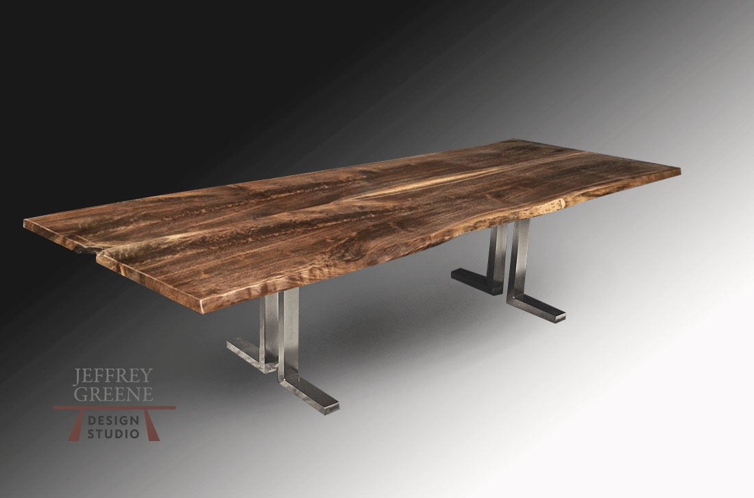 Double L Wood Slab Dining Table in Polished Stainless Steel with Live Edge Book Matched Black Walnut Solid Wood Slab by Jeffrey Greene