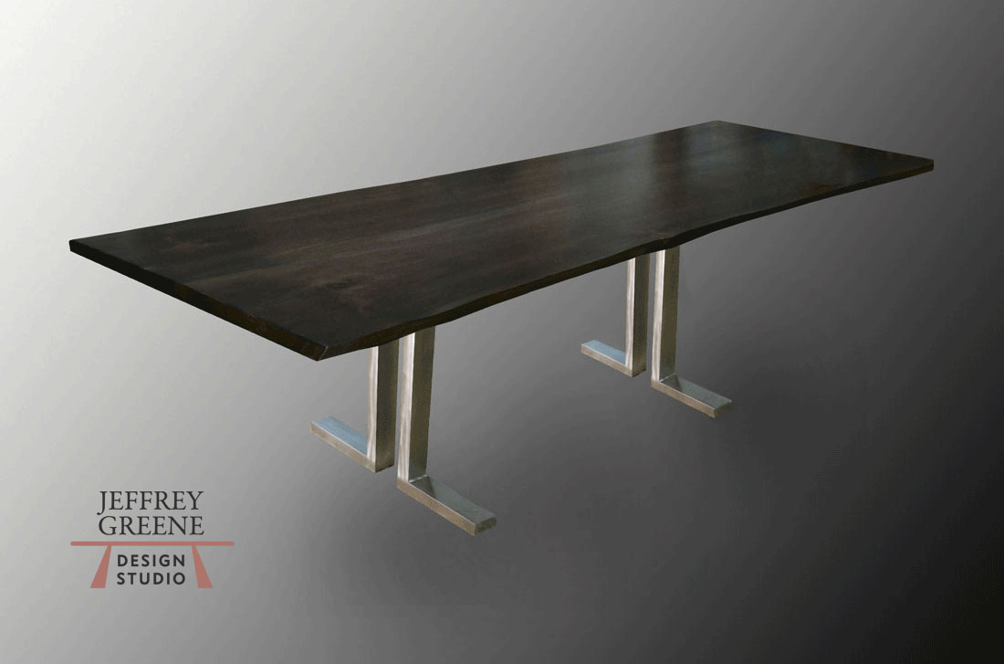 Double L Wood Slab Dining Table in Brushed Steel with Live Edge Book Matched Ebonzied Maple Solid Wood Slab by Jeffrey Greene