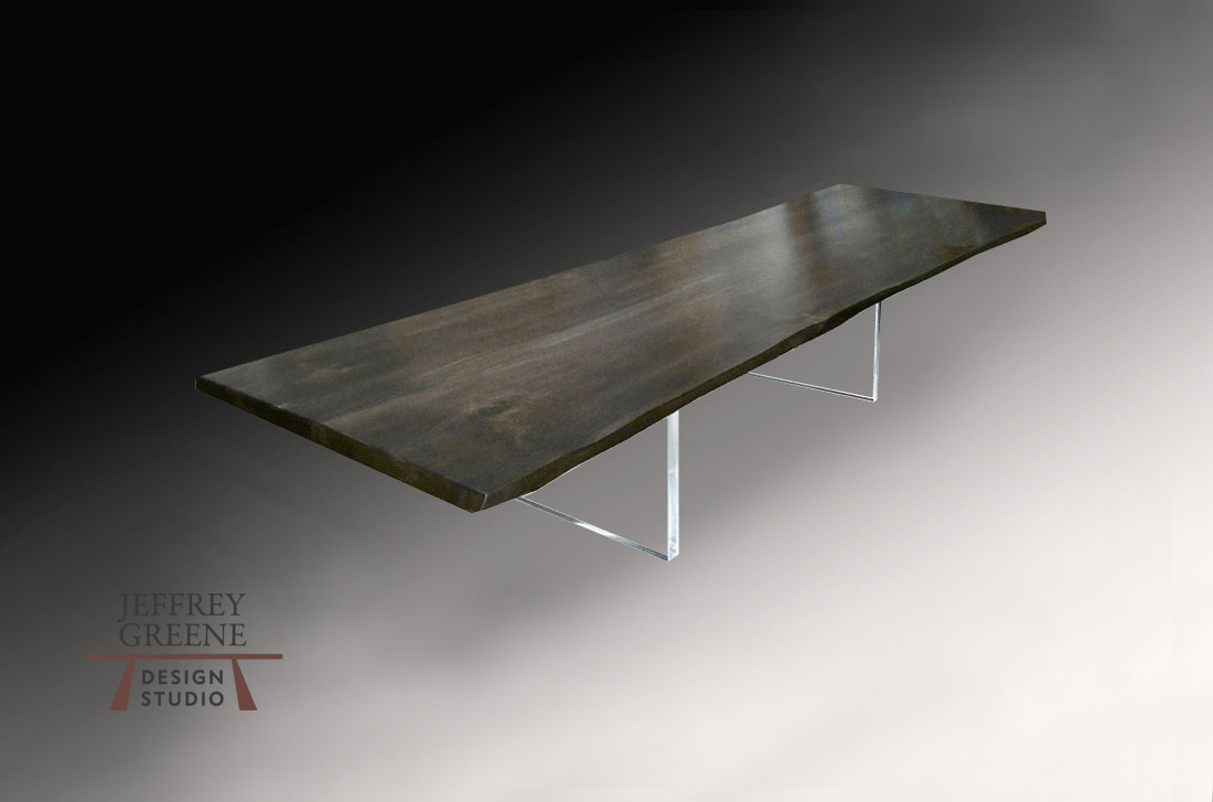Live Edge Book Matched Ebonized Maple Solid Wood Slab Dining Table with Clear Plexiglass Board Leg by Jeffrey Greene