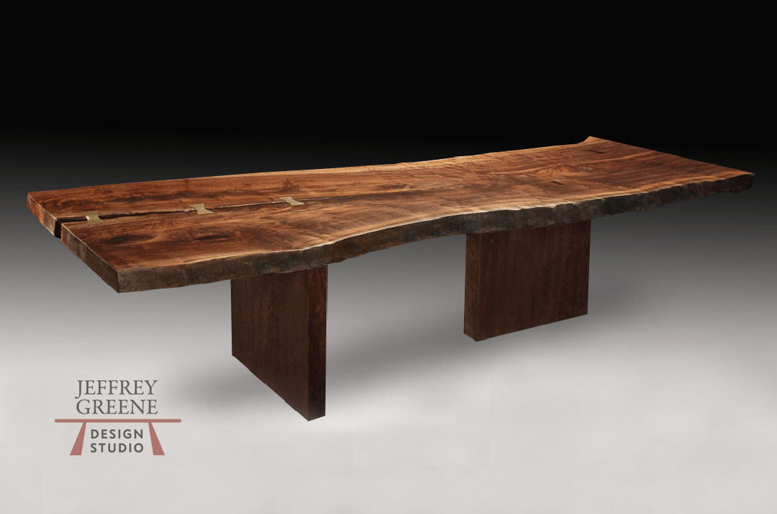 Live Edge Single Claro Walnut Solid Wood Slab Dining Table with Bronze and Gabon Ebony Butterfly Surface Inlays with Solid Finished Walnut Asymmetric Board Leg by Jeffrey Greene