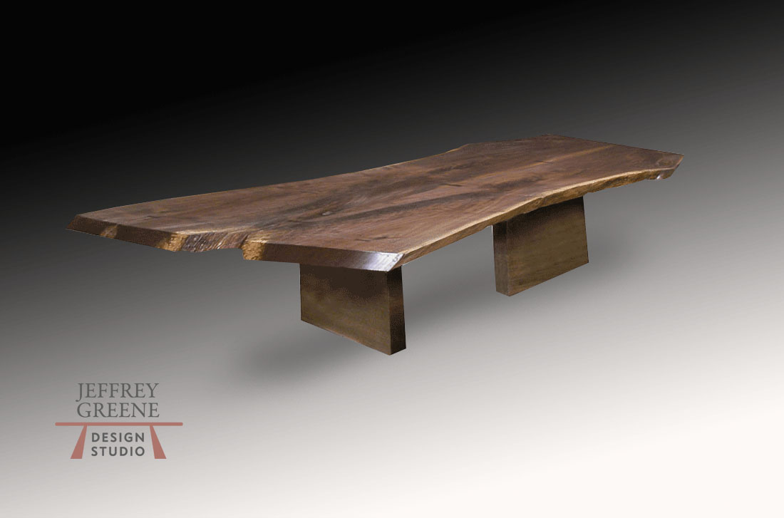 Live Edge Book Matched Black Walnut Solid Wood Slab Dining Table with Walnut Butterfly Surface Inlays with Solid Finished Walnut Asymmetric Board Leg by Jeffrey Greene