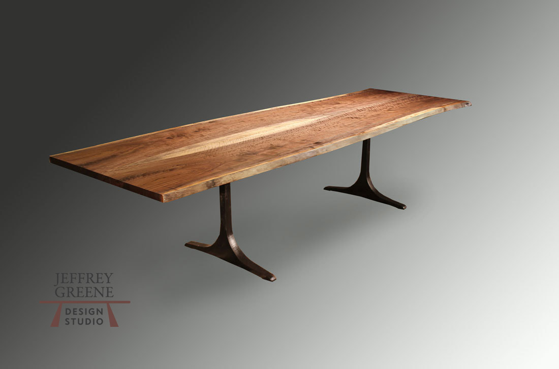 Live Edge Black Walnut Wood Slab Dining Table with Dark Oiled Bronze Finish Solid Aluminum Sculpted T Base by Jeffrey Greene