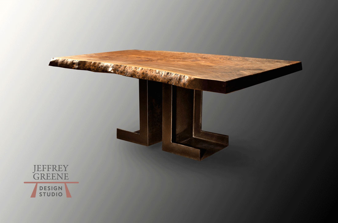 Live Edge Black Walnut Solid Wood Slab Dining Table with Industrial Steel Double L Base by Jeffrey Greene