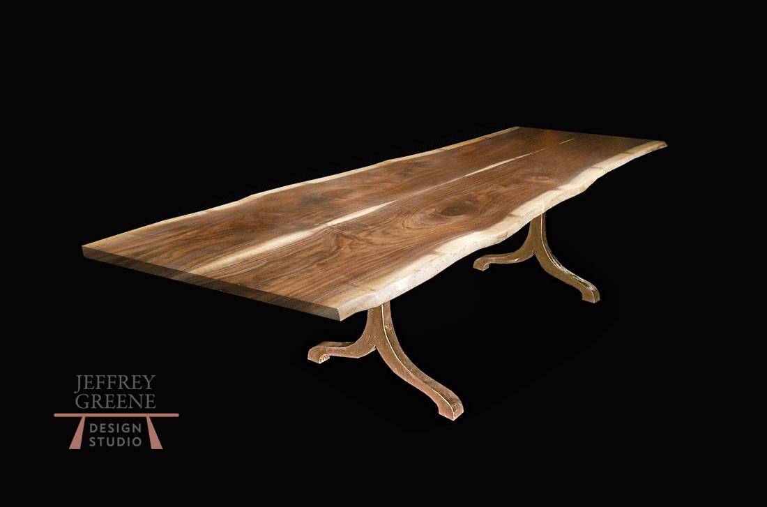 Solid Bronze Taj Live Edge Dining Table with Book Matched Black Walnut Solid Wood Slab by Jeffrey Greene