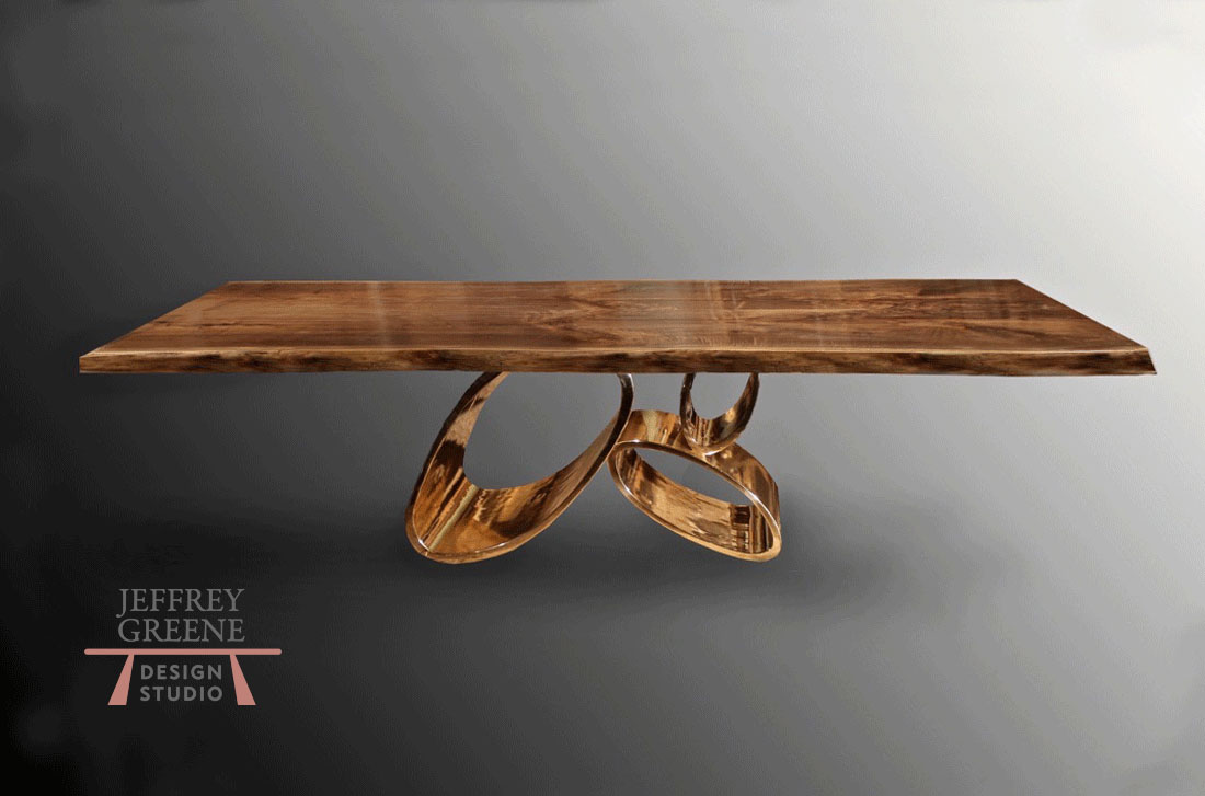Alternate View Live Edge Book Matched Black Walnut Solid Wood Slab Dining Table with Solid Polished Bronze Diminishing Ellipse Base by Jeffrey Greene