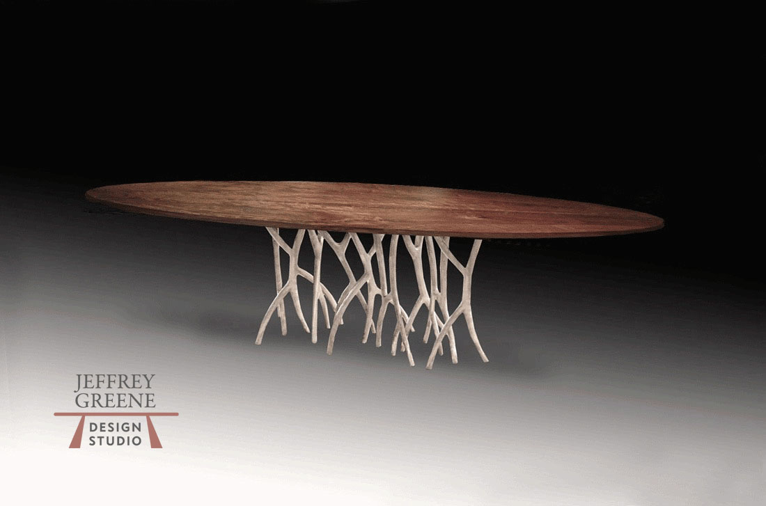 Forest Base Live Edge Wood Slab Dining Table with Black Walnut Solid Wood Slab and Silver Forest Base by Jeffrey Greene