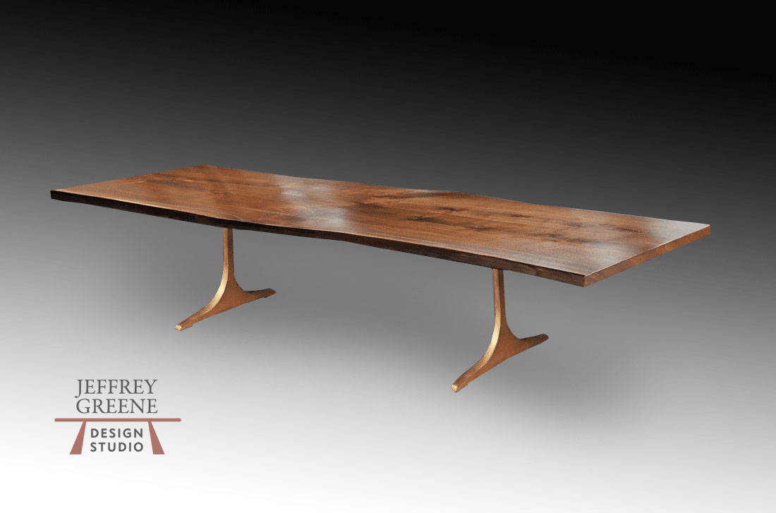 Live Edge Book Matched Black Walnut Solid Wood Slab Conference Table with Antique Brass Finish Aluminum Sculpted T Base by Jeffrey Greene