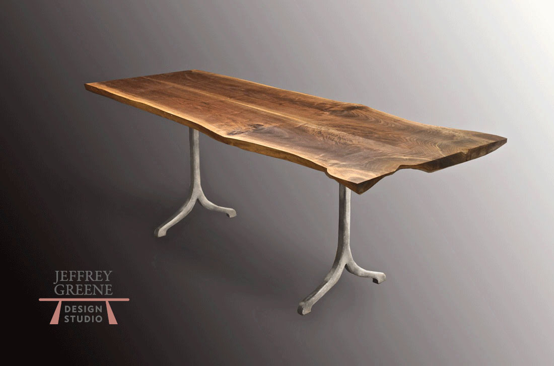 Live Edge Book Matched Black Walnut Solid Wood Slab Dining Table with Antique Brass Finish Solid Aluminum Lady Taj Base by Jeffrey Greene