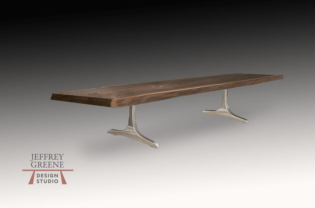 Live Edge Single Black Walnut Solid Wood Slab Coffee Table with Brushed Aluminum Sculpted T Base by Jeffrey Greene