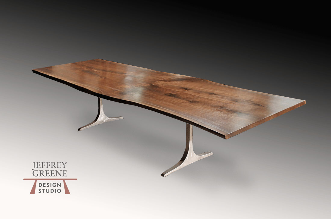 Sculpted T Live Edge Wood Slab Dining Table with Book Matched Black Walnut Solid Wood Slab and Brushed Finish Solid Aluminum Base by Jeffrey Greene