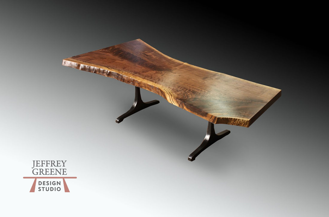 Live Edge Black Walnut Wood Slab Coffe Table with Dark Oiled Bronze Finish Sculpted T Base by Jeffrey Greene
