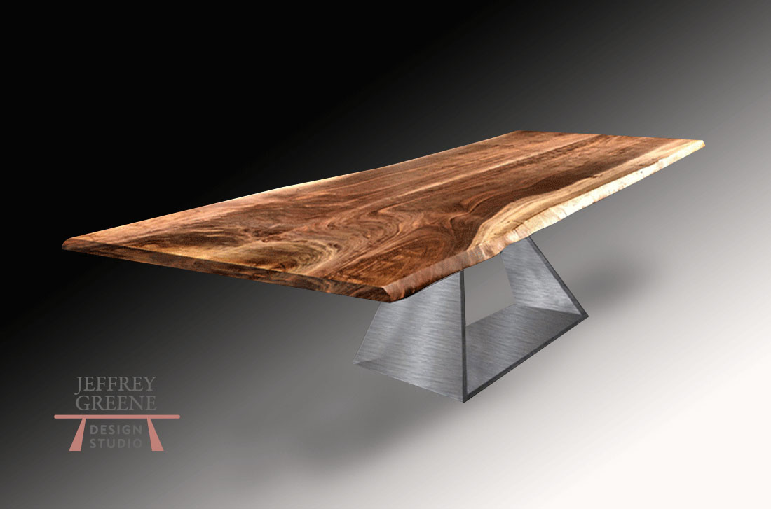 Live Edge Book Matched Black Walnut Solid Wood Slab Conference Table with Massive Brushed Steel Folded Trapezoid Base by Jeffrey Greene