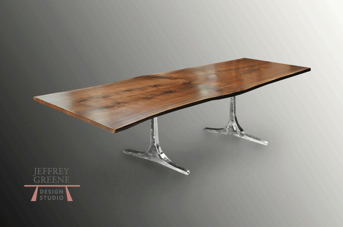 Live Edge Black Walnut Wood Slab Dining Table with Solid Polished Aluminum Sculpted T Base by Jeffrey Greene
