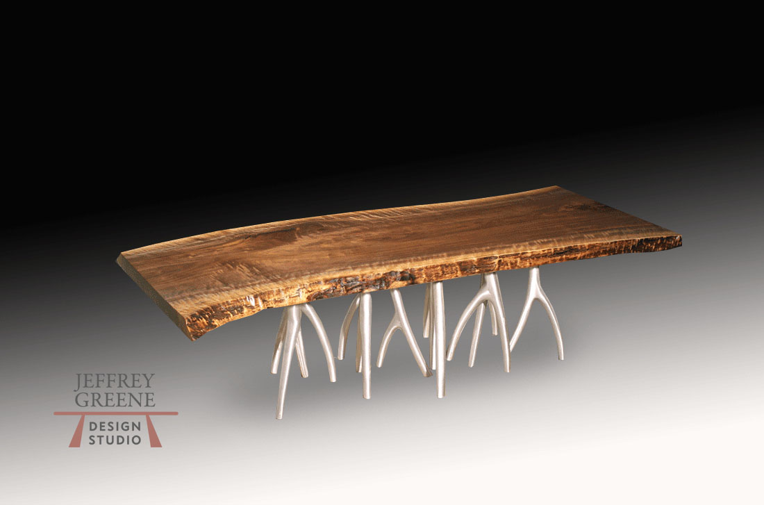 Silver Forest Live Edge Wood Slab Coffee Table with Live Edge Single Black Walnut Solid Wood Slab and Brushed Aluminum Silver Forest Base by Jeffrey Greene