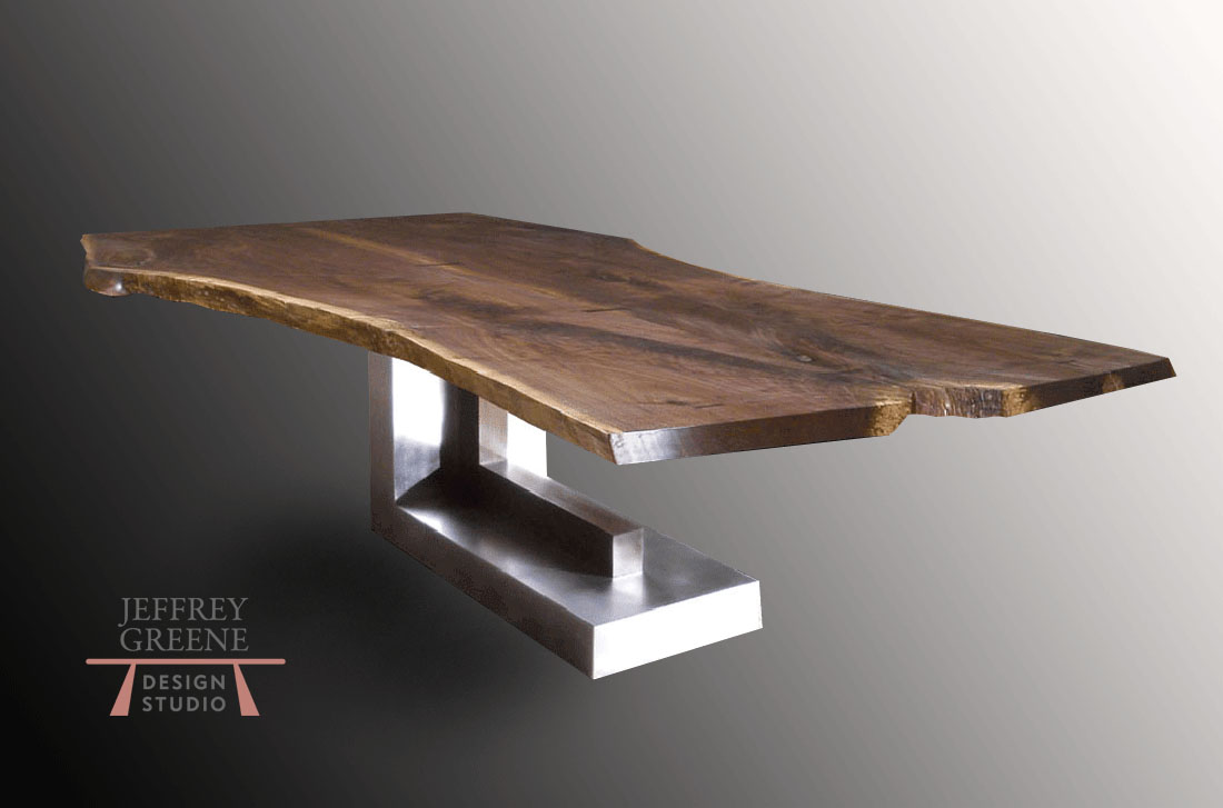 Silver Monolith Live Edge Dining Table with Book Matched Black Walnut Solid Wood Slab and Brushed Steel and Walnut Base by Jeffrey Greene