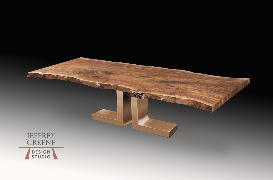 Live Edge Single Claro Walnut Solid Wood Slab Dining Table with Massive Silver Double L Pedestal Base
