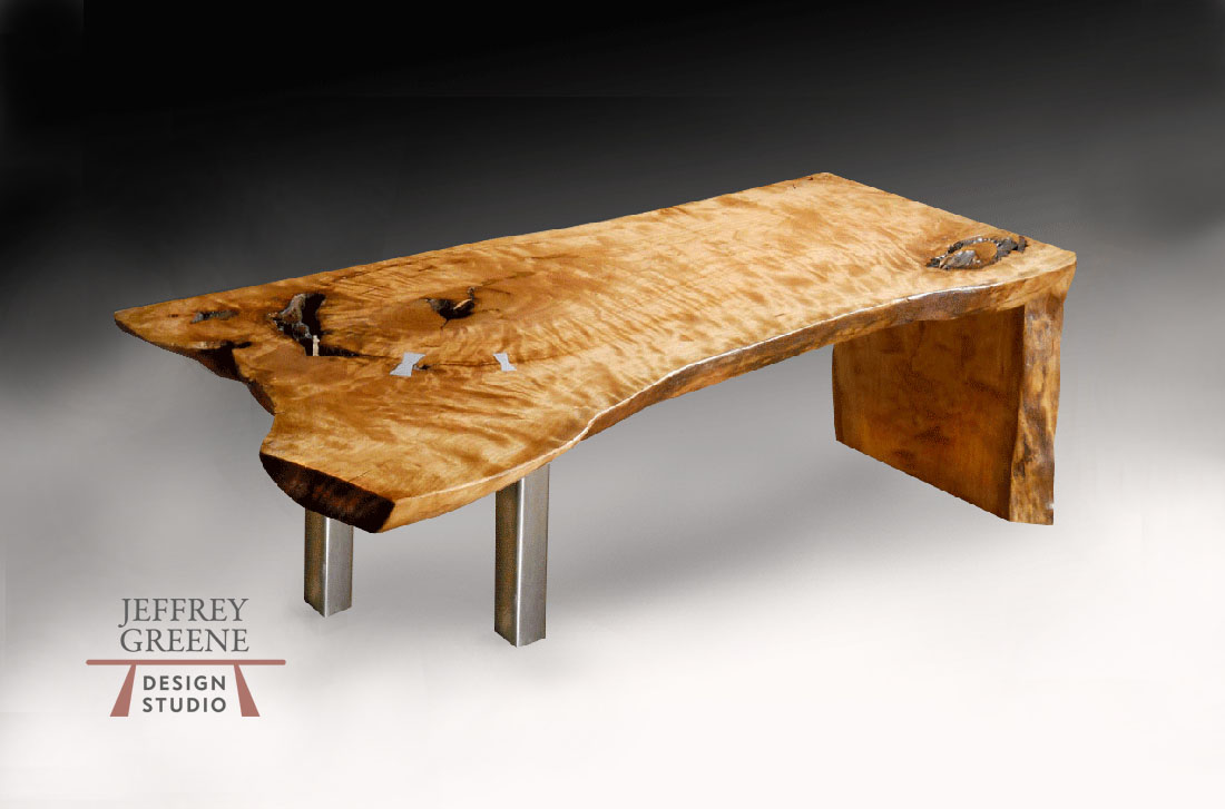 Live Edge Single Curly Cherry Half Fold Solid Wood Slab Coffee Table with Steel Post by Jeffrey Greene
