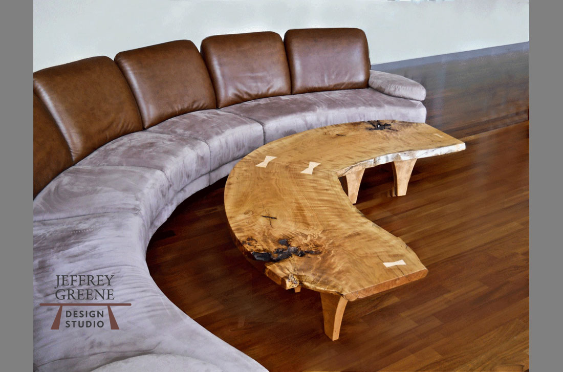 Live Edge Curly Cherry Solid Wood Slab Curved Butterfly Coffee Table by Jeffrey Greene
