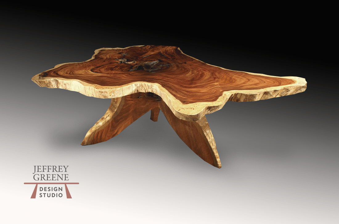 Live Edge Single Hawaiian Monkey Pod Solid Wood Slab Dining Table with Butterfly Board Legs by Jeffrey Greene