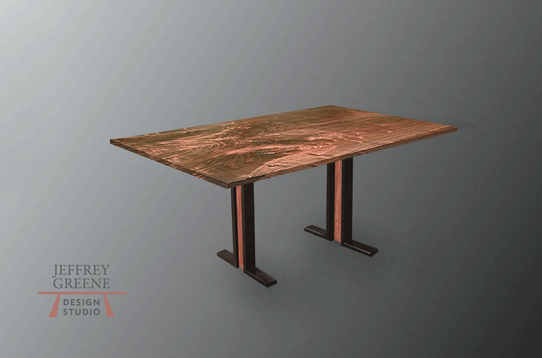 Rectangle Black Walnut Wood Slab Dining Table with Black Slender Double L with Inlay Jeffrey Greene