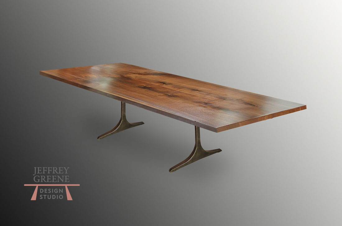 Alternate Slab Rectangular Book Matched Black Walnut Solid Wood Slab Conference Table with Dark Oiled Bronze Finish Aluminum Sculpted T Base by Jeffrey Greene
