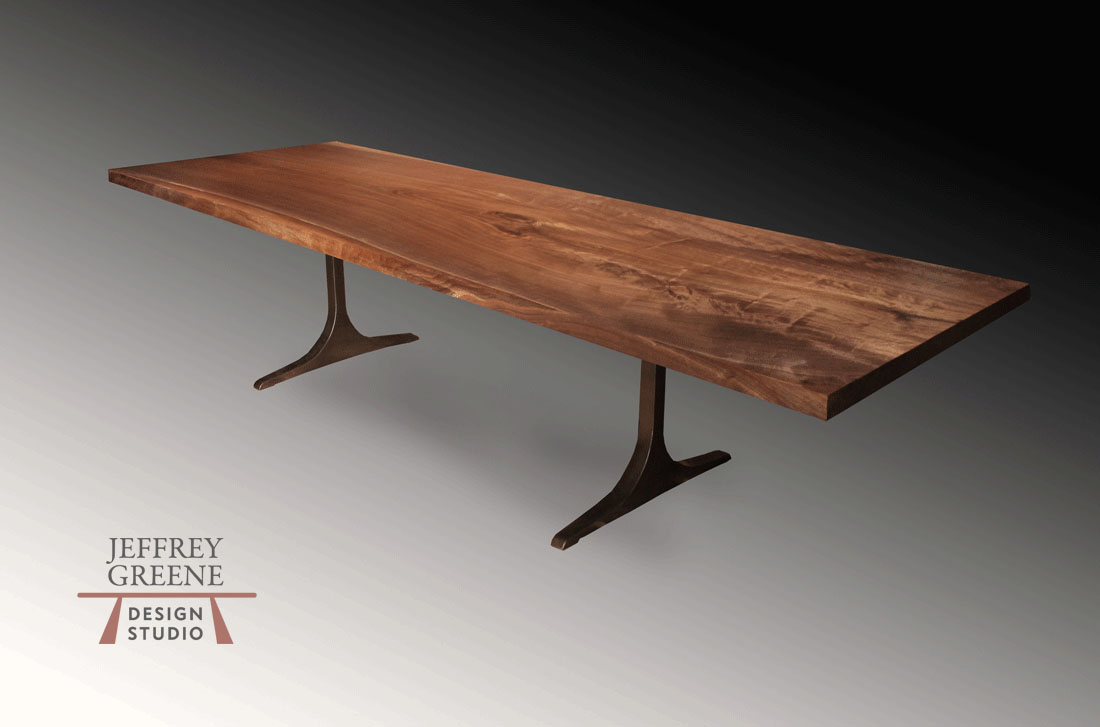 Sculpted T Rectangular Wood Slab Dining Table with Book Matched Black Walnut Solid Wood Slab and Dark Oiled Bronze Finish Solid Aluminum Base by Jeffrey Greene