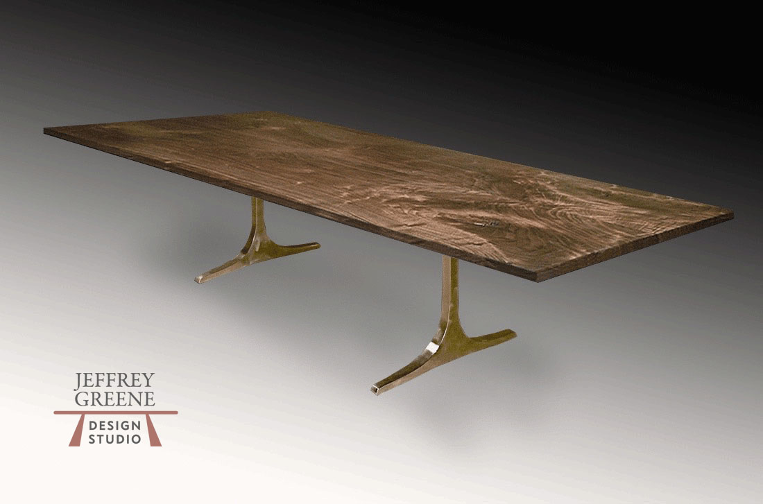 Rectangular Book Matched Black Walnut Solid Wood Slab Dining Table with Solid Polished Bronze Sculpted T Base by Jeffrey Greene
