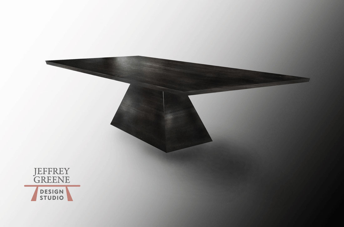 Rectangular Ebonized Maple Wood Slab Dining Table with Burnished Black Steel Pyramid Base Special Commission by Jeffrey Greene