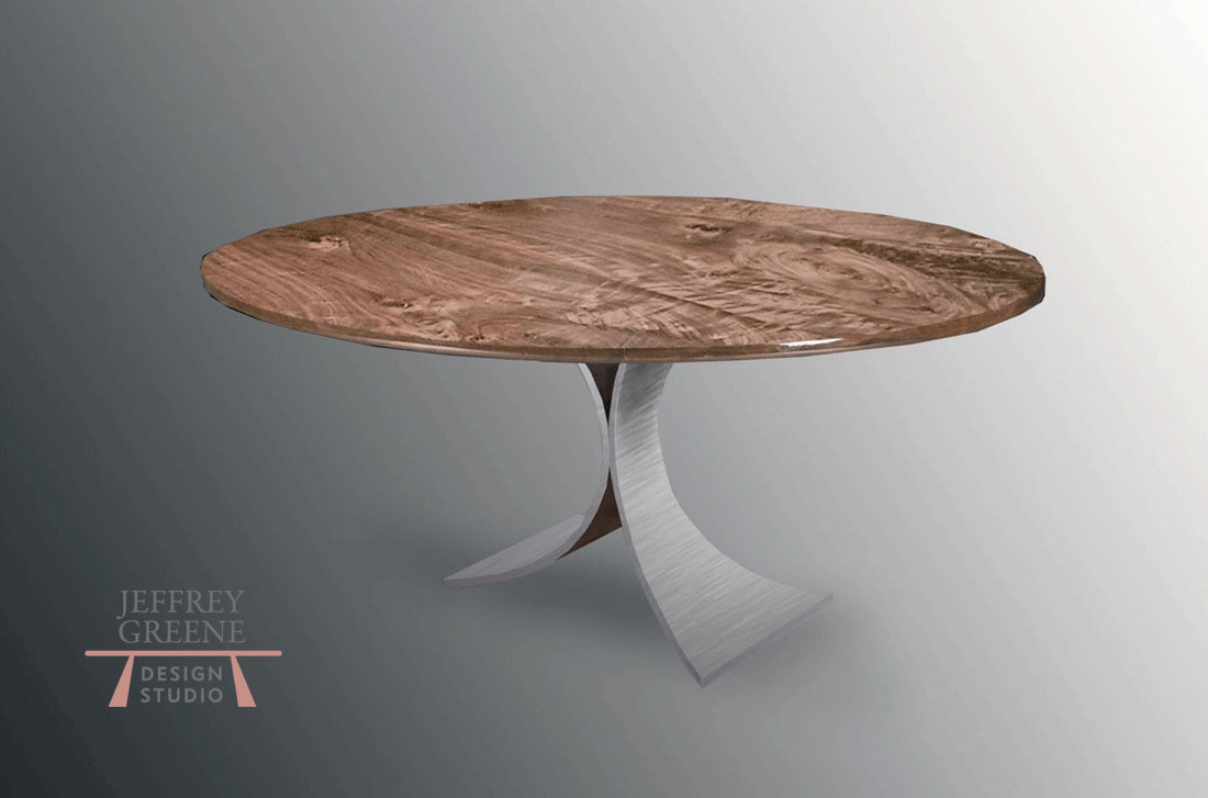 Steel Fountain Wood Slab Dining Table with Round Book Matched Black Walnut Solid Wood Slab by Jeffrey Greene