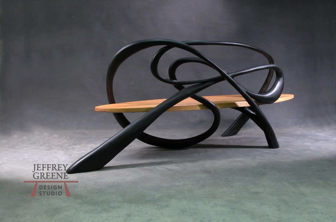 Back View of the Spacewhip Bench with Cherry Seat and Ebonized Bubinga Freeform Back and Legs by Jeffrey Greene