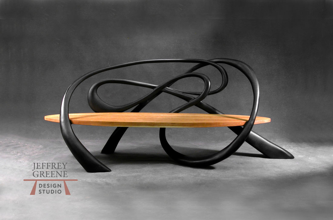 Spacewhip Bench with Cherry Seat and Ebonized Bubinga Freeform Back and Legs by Jeffrey Greene