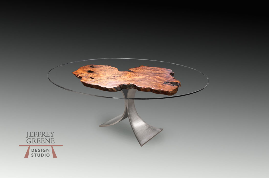 Steel Fountain Round Glass Top Live Edge Solid Redwood Slab Dining Table by Jeffrey Greene