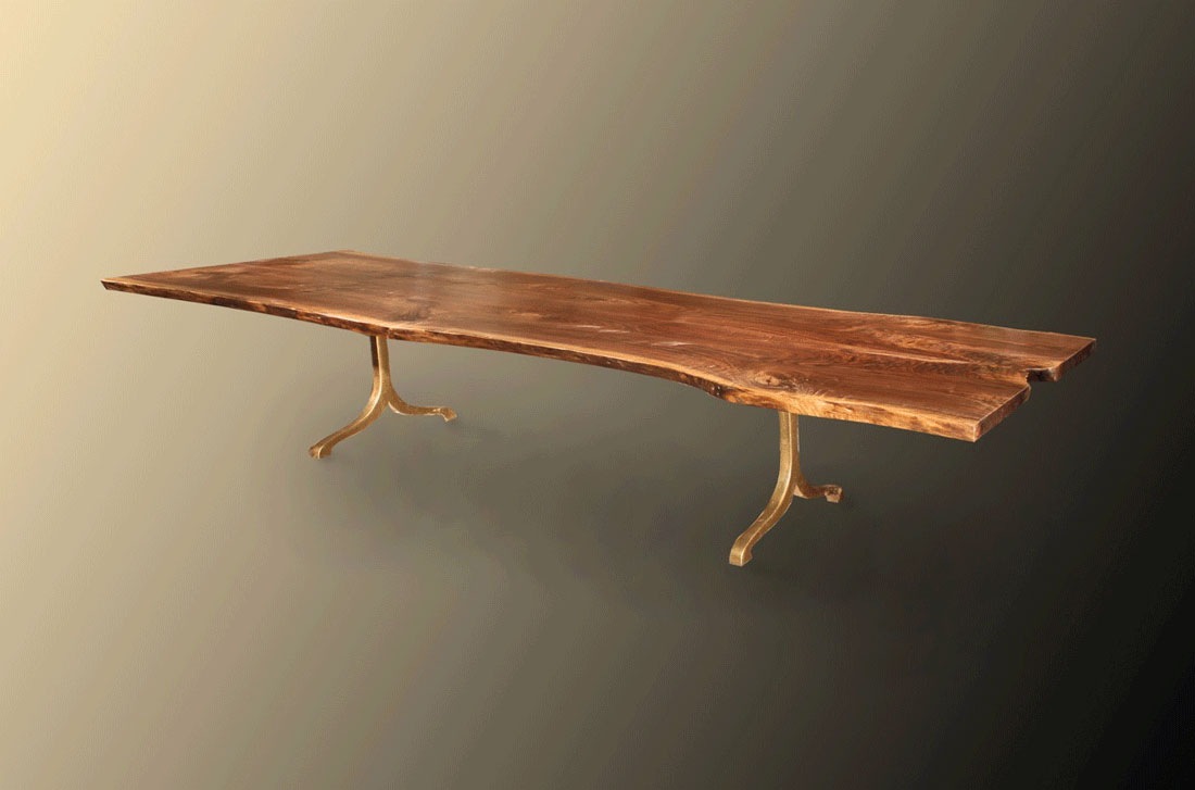 Live Edge Book Matched Black Walnut Solid Wood Slab Dining Table with Solid Aged Bronze Taj Base