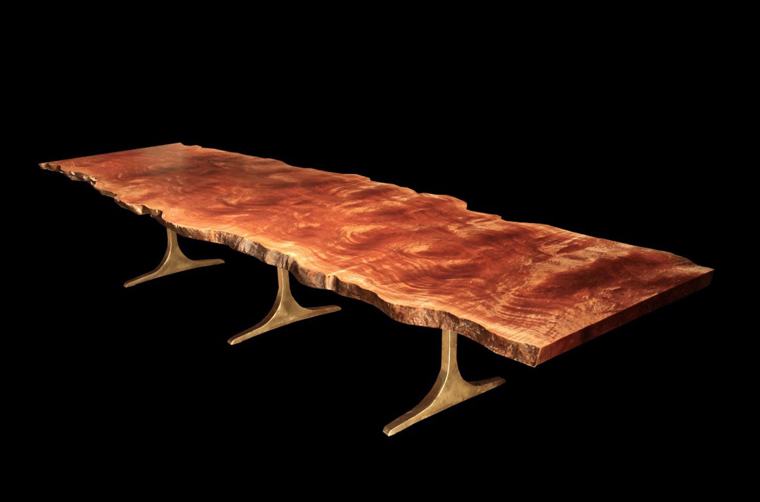 Live Edge Single African Quilted Sapele Solid Wood Slab with Three Antique Brass Finish Sculpted T Bases
