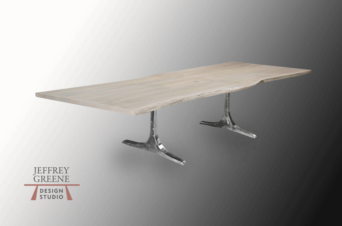 Bleached Wood Slab Dining Table in Live Edge Book Matched Maple with Polished Aluminum Sculpted T Base by Jeffrey Greene