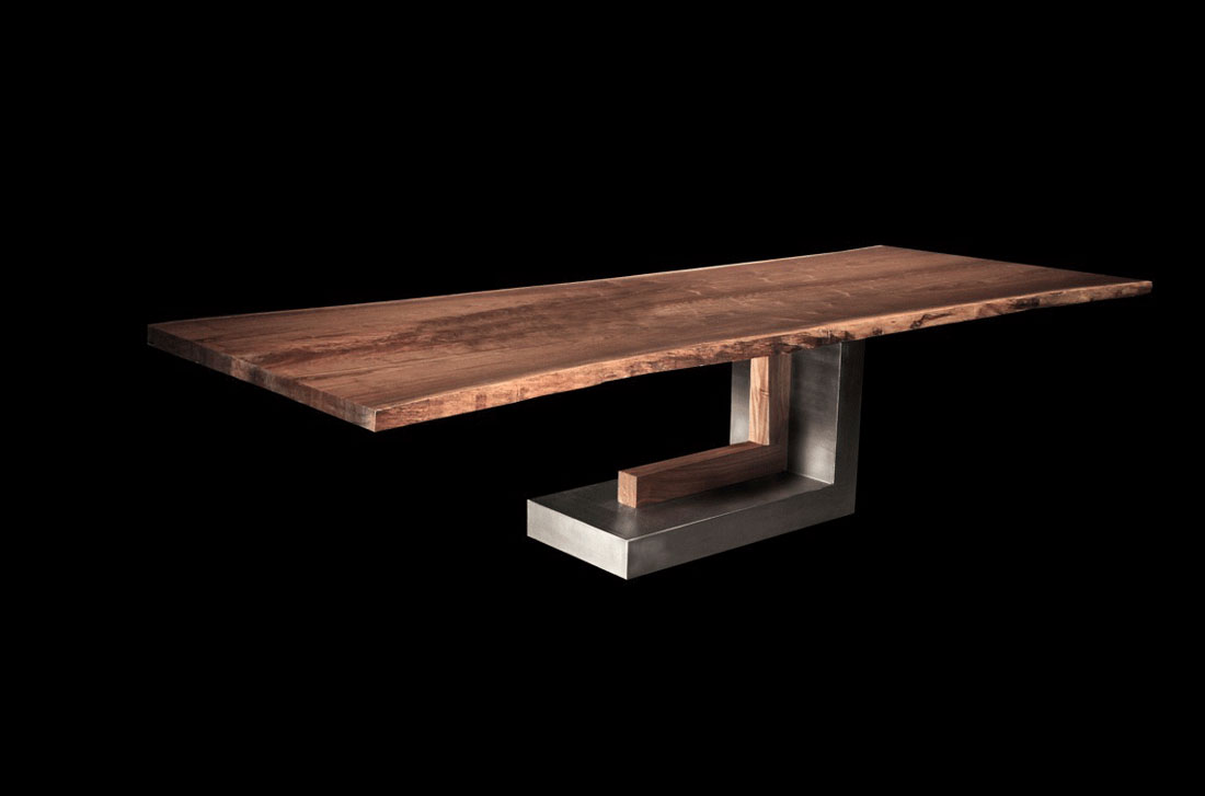 Studio Image Live Edge Book Matched Black Walnut Solid Wood Slab Dining Table with Silver Monolith and Walnut Accent Base