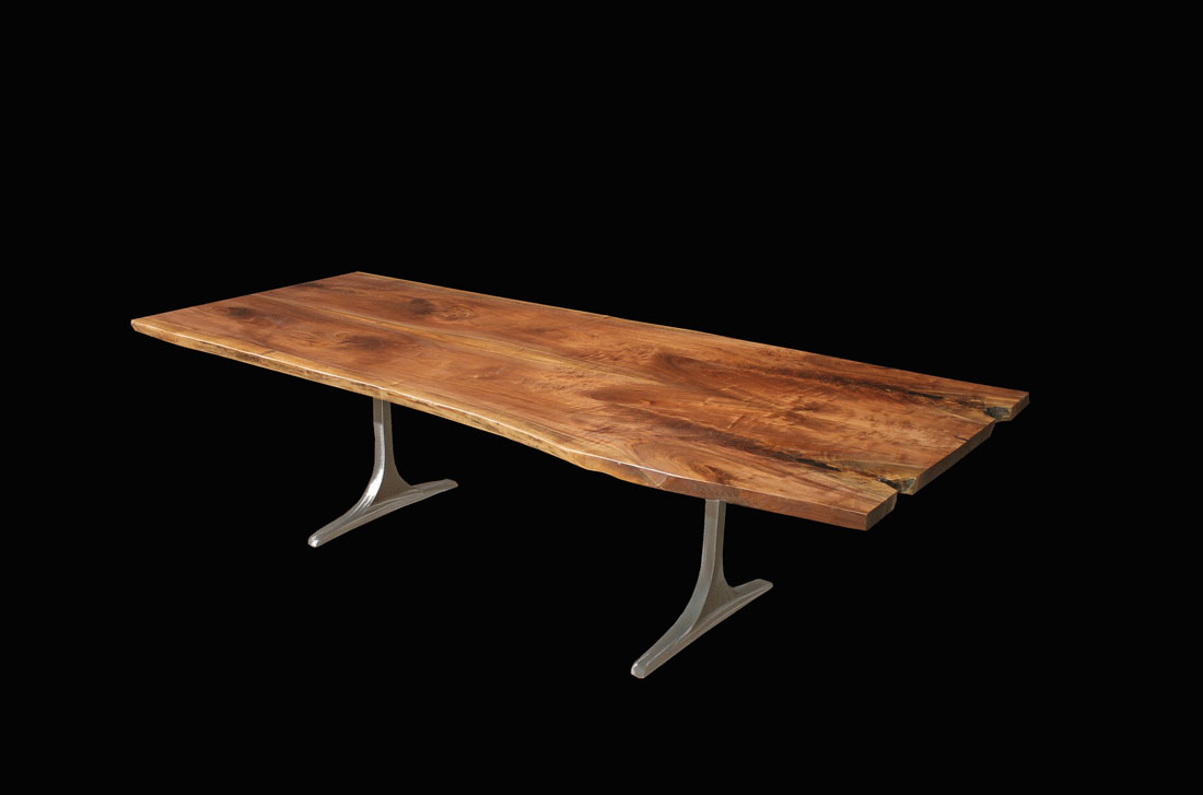 Studio Shot Live Edge Book Matched Black Walnut Solid Wood Slab Dining Table with Brushed Finish Sculpted T Base