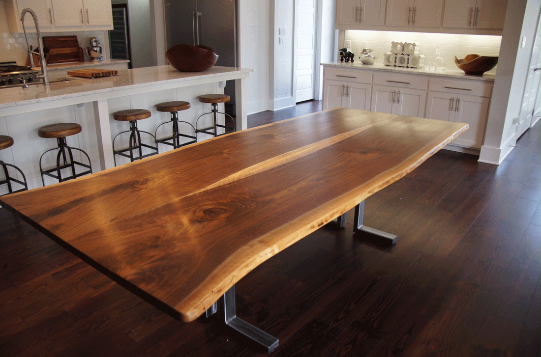 Live Edge Book Matched Black Walnut Solid Wood Slab Dining Table with Brushed Steel Double L Base