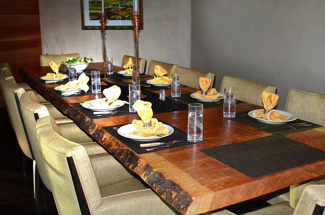 Live Edge Single African Bubinga Solid Wood Slab Dining Table with Solid Brushed Bronze Taj Base