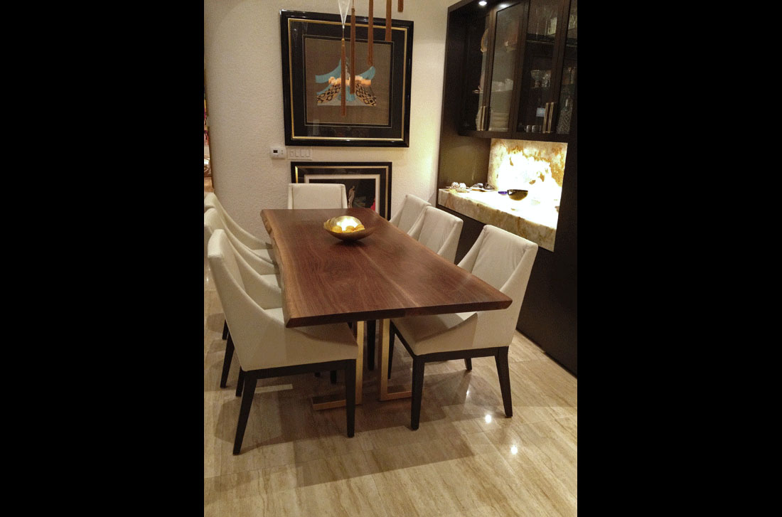 Live Edge Book Matched Black Walnut Solid Wood Slab Dining Table with Gold Leafed Steel Double L Base