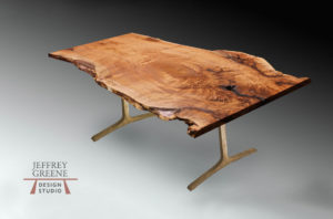 7 foot 2 inch Live Edge Butternut Wood Slab Dining Table Antique Brass Finish Slender Sculpted T Base Jeffrey Greene.jpg