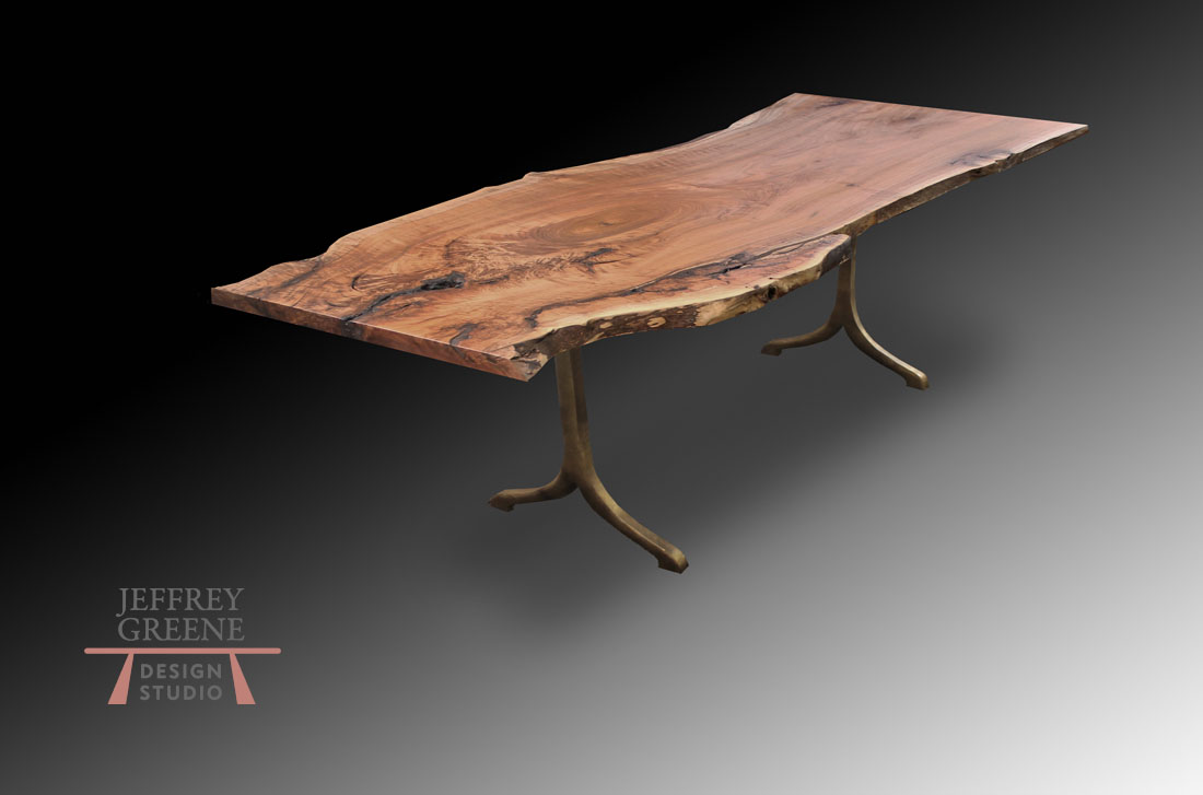 Live Edge Single Butternut Solid Wood Slab Dining Table with Antique Brass Finish Aluminum Lady Taj Base by Jeffrey Greene