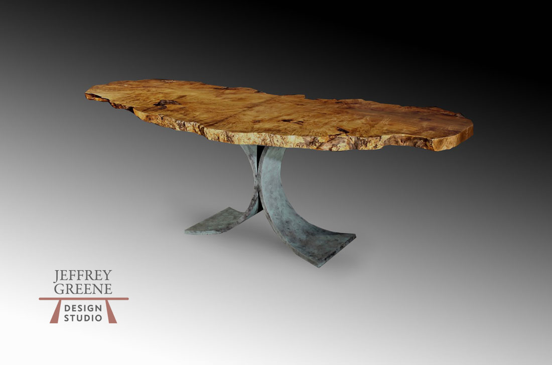 Live Edge Single Curly Maple Solid Wood Slab Console with Verdigris Finish Single Steel Fountain Base by Jeffrey Greene