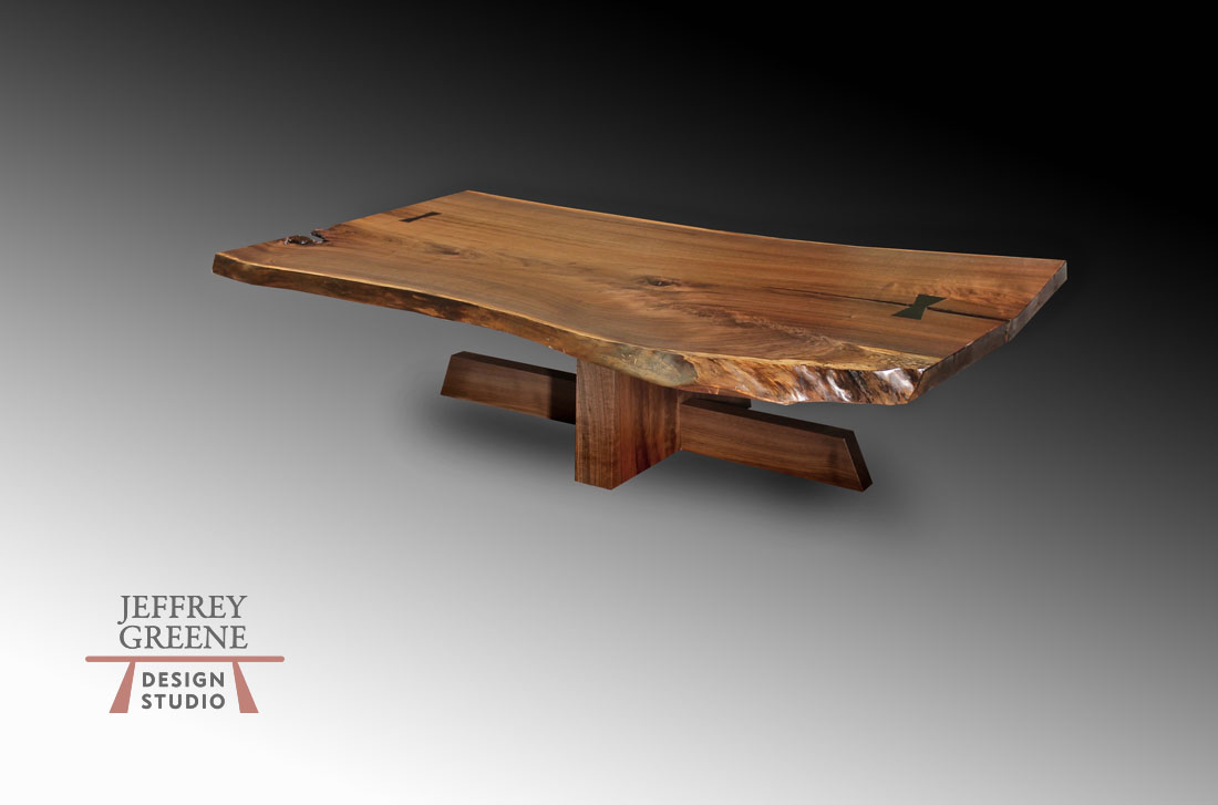 Live Edge Single Black Walnut Solid Wood Slab Shinto Table with Solid Black Walnut Cantilever Base by Jeffrey Greene