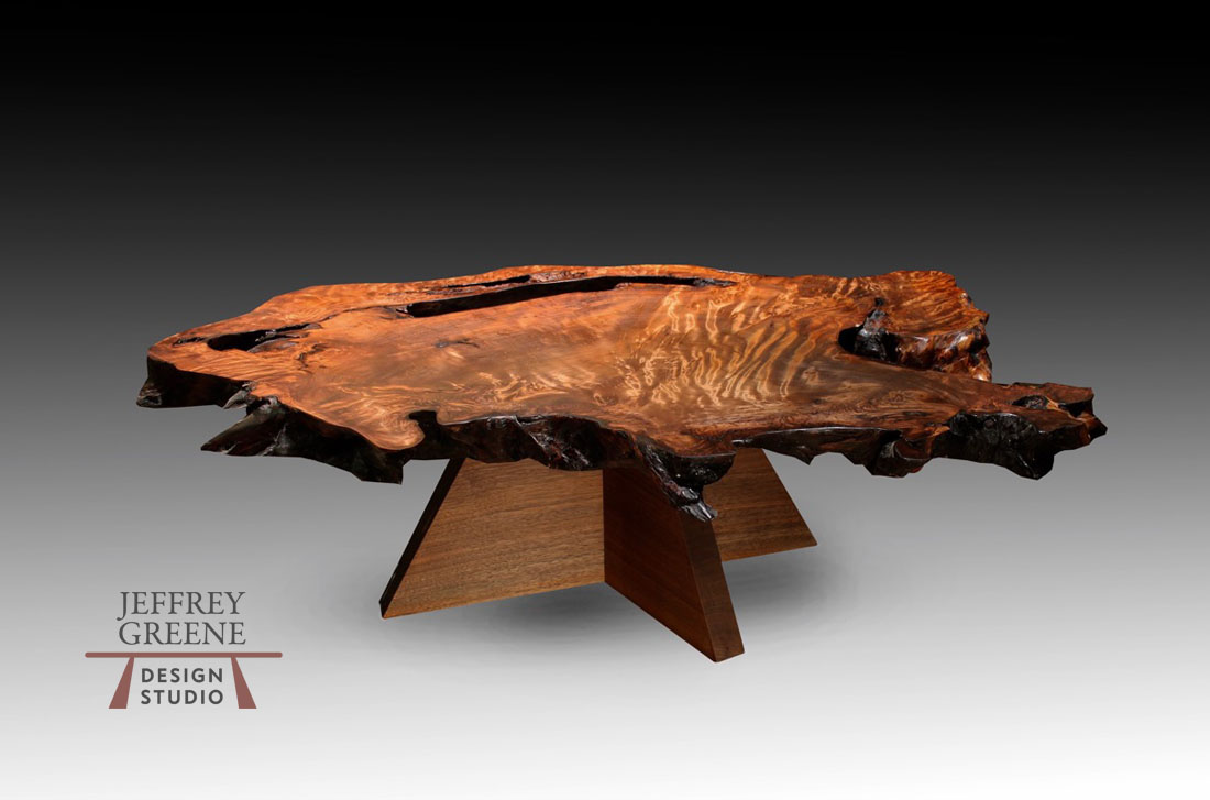 Live Edge Redwood Burl Wood Slab Coffee Table with Solid Black Walnut Double Pyramid Base by Jeffrey Greene